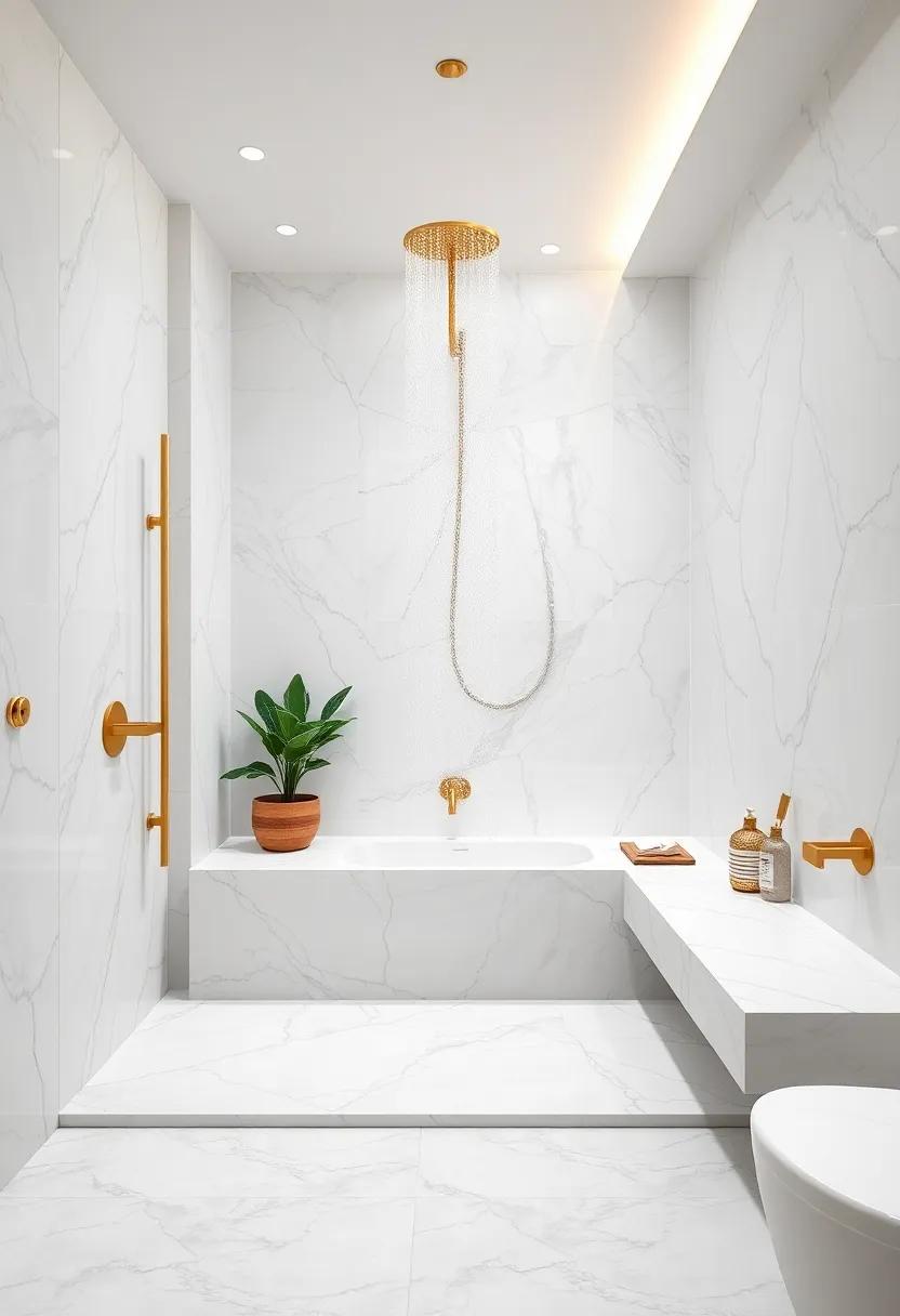Consider ‌a ⁣rainfall shower design with marble benches, inviting ⁤a serene retreat for showering‌ bliss