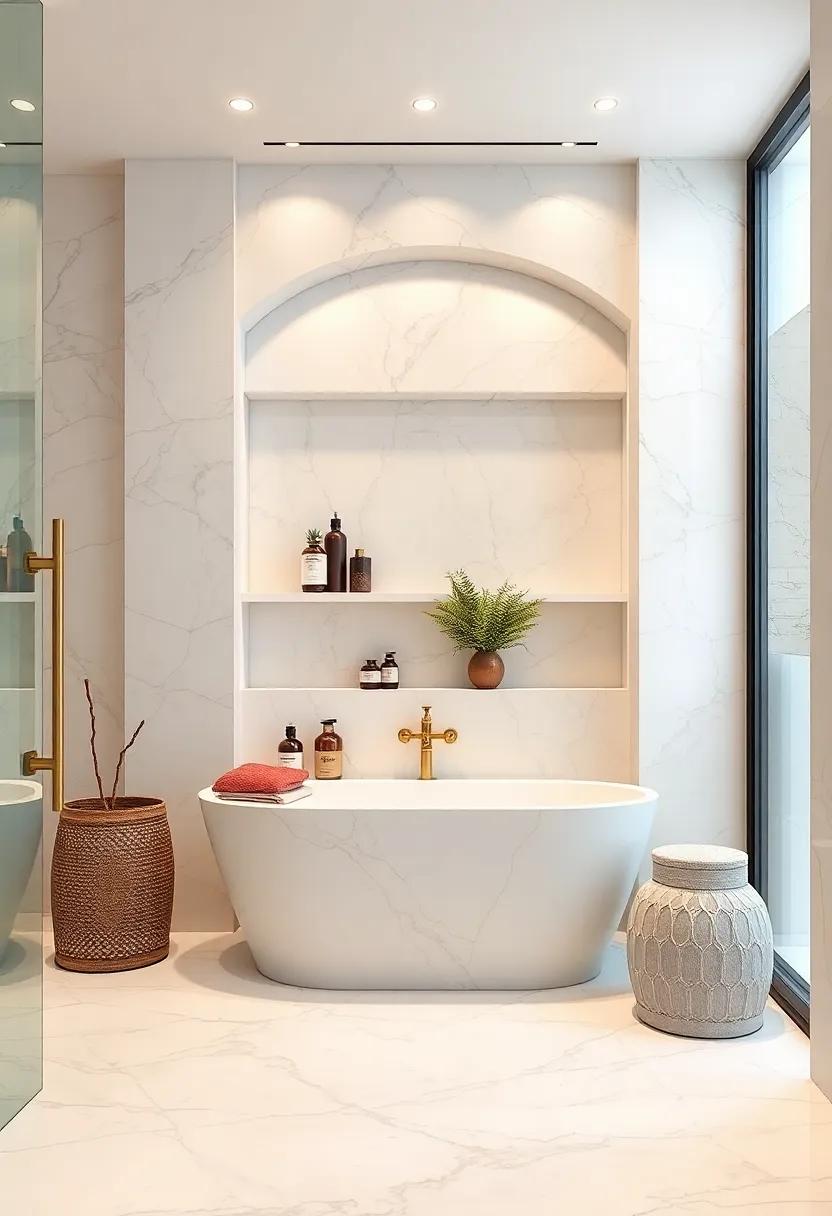 Design ​a custom built-in shelving ​unit in white⁣ marble to‍ display your ‍favorite spa essentials ⁤and⁣ decor