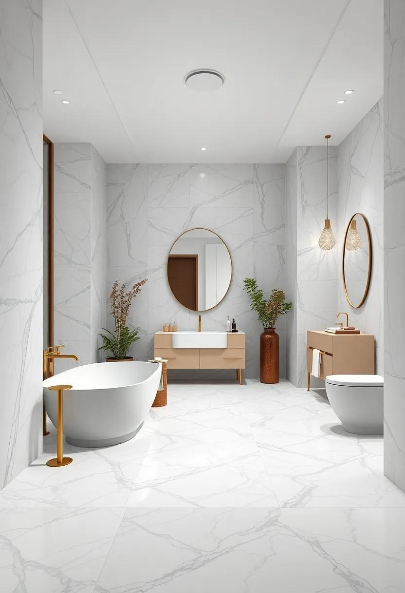 Layer textured⁣ white marble tiles on⁤ the ​floor​ for⁤ a chic contrast against smooth ⁤brass⁤ elements