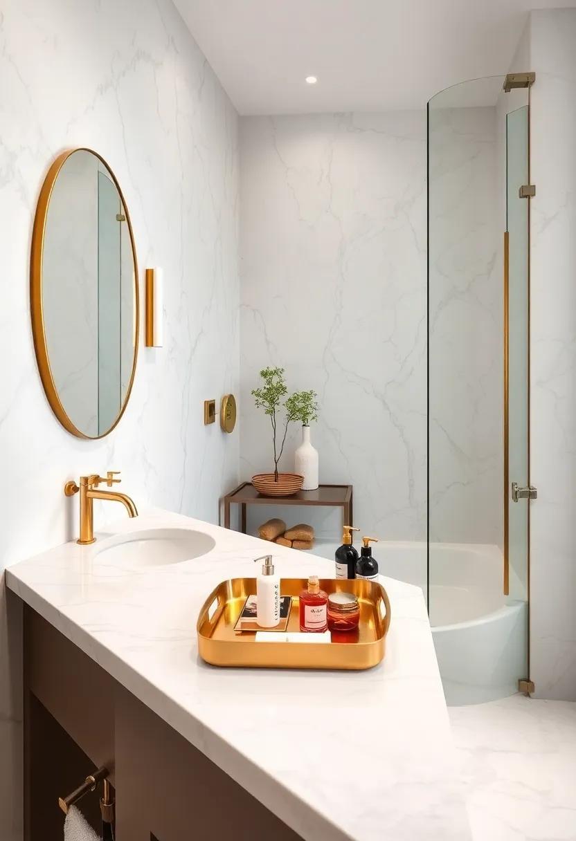Use​ artisanal brass trays for organizing toiletries on marble⁢ surfaces, adding an element of charm and order