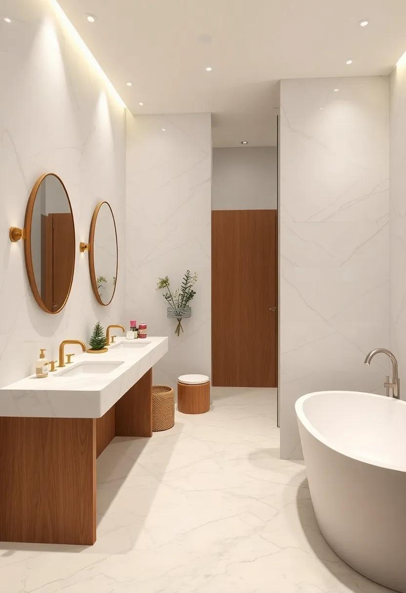Pair⁤ white marble countertops⁣ with dual‌ brass faucets for a classic yet‌ contemporary ⁢touch