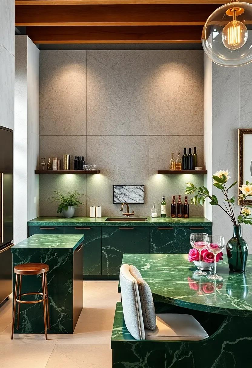 Create a Custom bar Area: Design a bar cart or⁤ area featuring green ‍marble surfaces, ⁢offering a stylish space ‌for entertaining guests