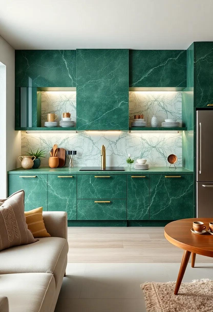 Showcase Marble on Open ‍Cabinets: Use green marble for the shelves of open cabinets to highlight beautiful dishes and ​create visual ​interest