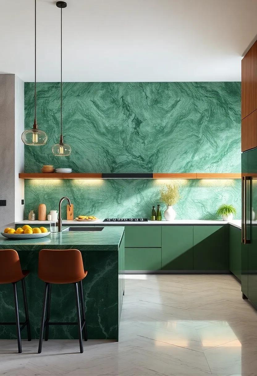 Go Big with a Feature Wall: Fill a complete wall with green marble slabs for an ​awe-inspiring, luxurious backdrop in your kitchen
