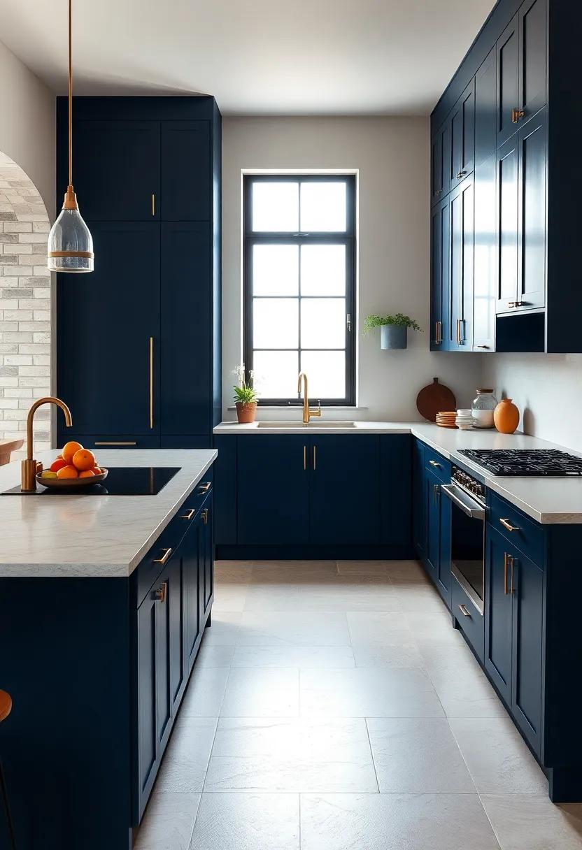 A bold choice ‍of navy blue handleless cabinets in this kitchen offers a sophisticated twist, perfectly paired with brass accents for a touch of elegance