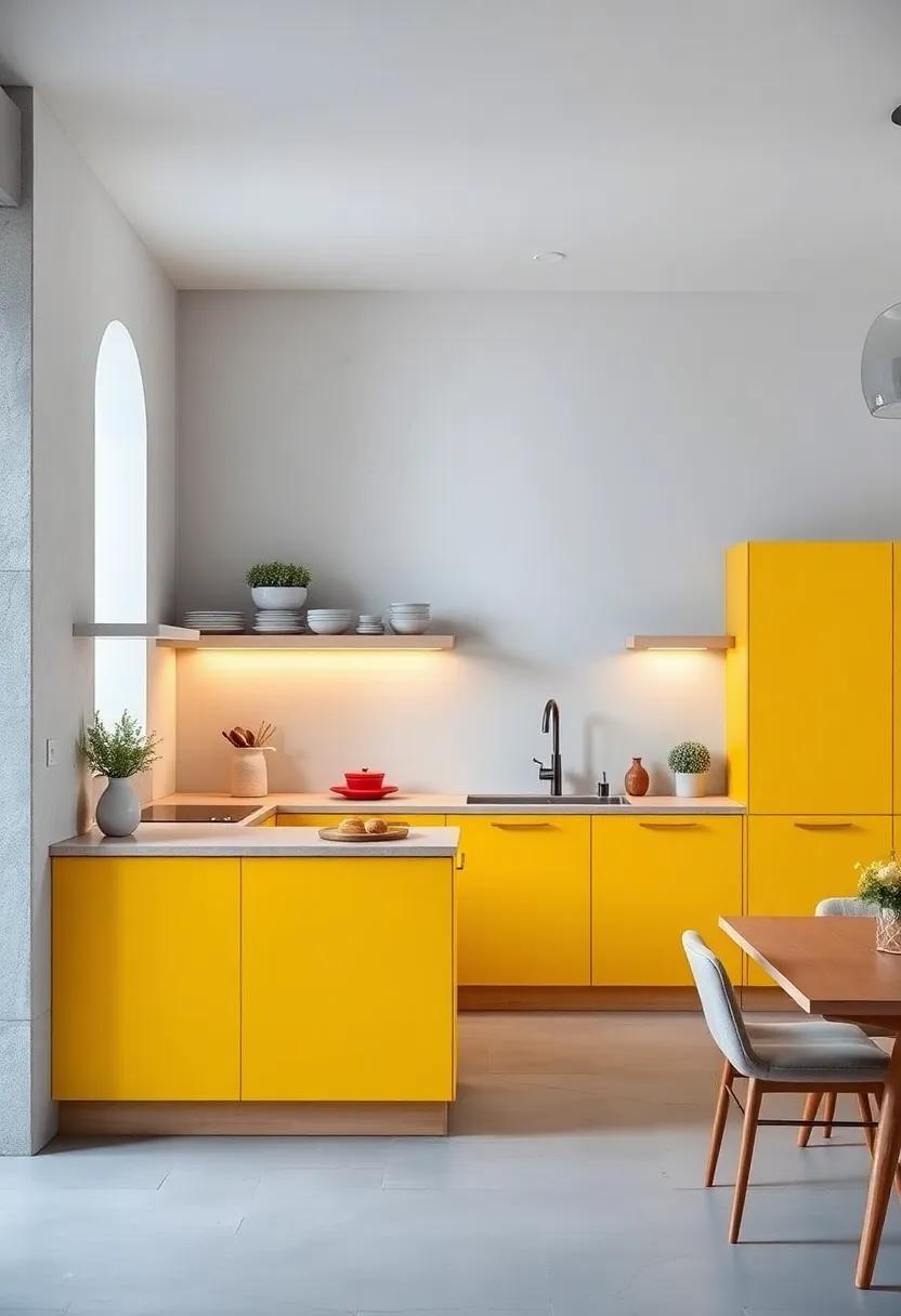 The bright and cheerful yellow handleless cabinets in this kitchen add ⁢a playful touch to an or else minimalist design, bringing warmth to the space