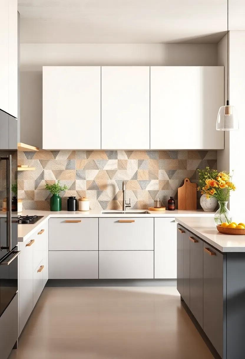 Featuring a bold geometric backsplash, this kitchen perfectly balances its element with⁣ sleek handleless cabinets for a harmonious yet striking design