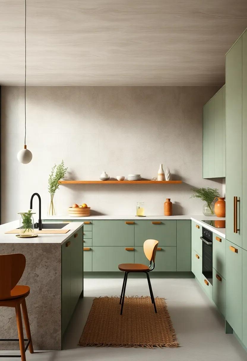 With its earthy palette, this kitchen​ utilizes handleless cabinets in muted green hues, seamlessly blending⁢ sophistication with ⁣a touch of nature