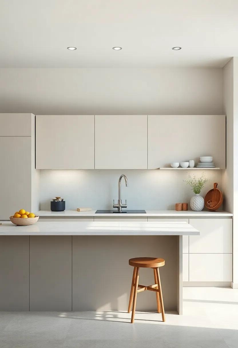 The serene ambiance ⁣of⁤ this kitchen is highlighted by soft pastel handleless ⁣cabinets and a stunning quartz ⁤countertop​ that invites ⁣you to unwind
