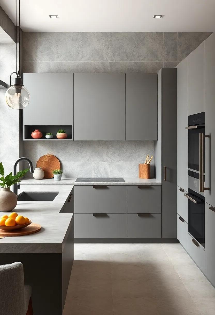 With sleek matte gray handleless cabinets, this kitchen channels a sophisticated urban vibe, enhanced by polished concrete countertops⁣ and modern lighting‍ fixtures