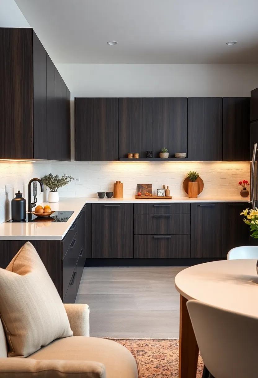 The sleek design of this kitchen showcases handleless cabinets in a rich espresso finish,paired with ‍white countertops for a timeless​ appeal
