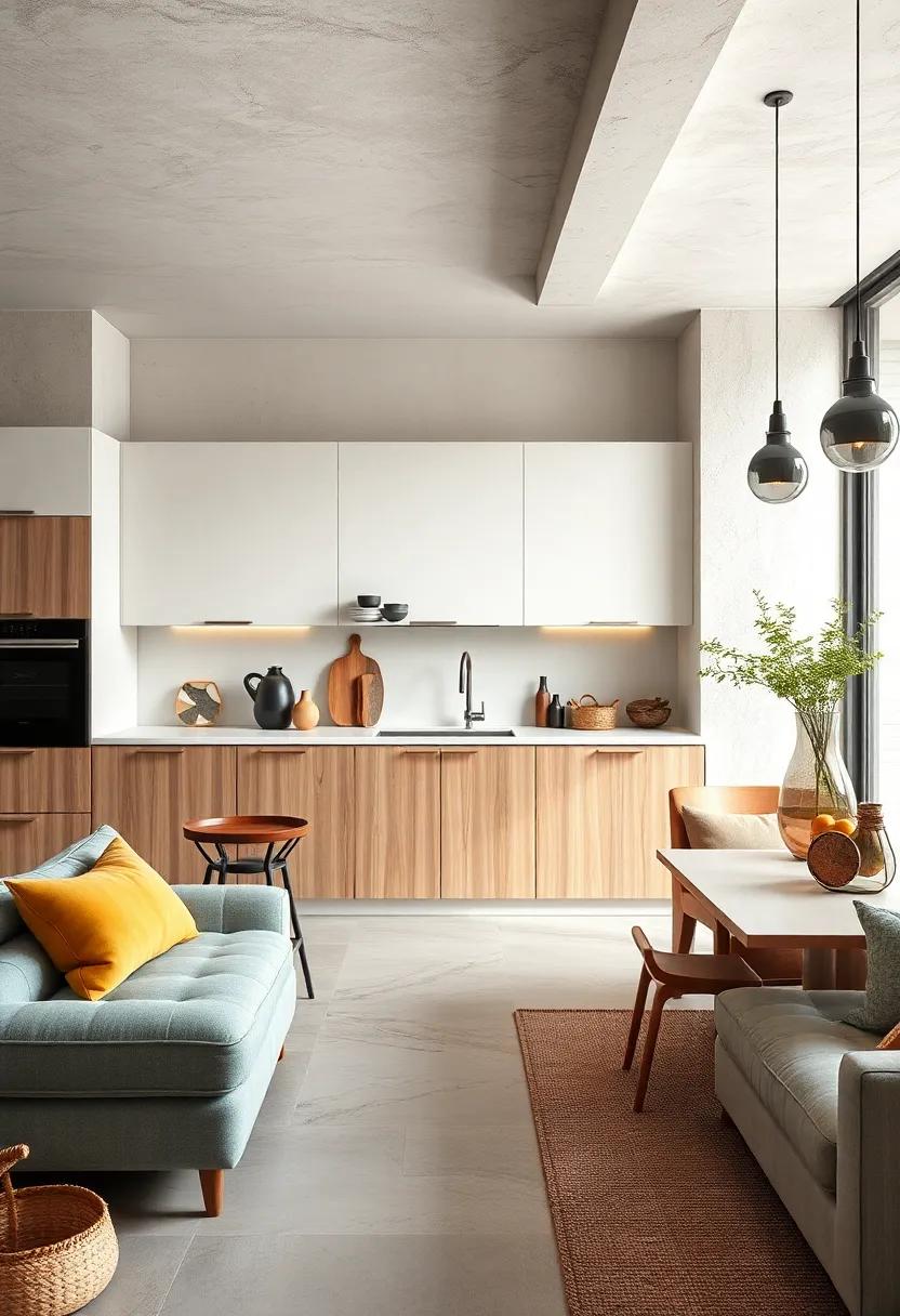 With a spacious layout, this kitchen features airy handleless cabinets, combining natural materials like wood and stone for a rustic yet modern vibe