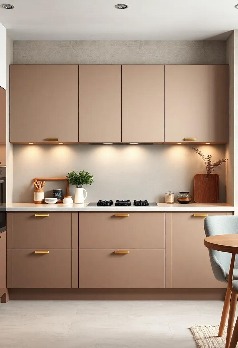 The subtle beauty of this​ kitchen ⁣shines through with handleless cabinets painted in warm taupe, perfectly ​accentuated by‍ brass hardware details
