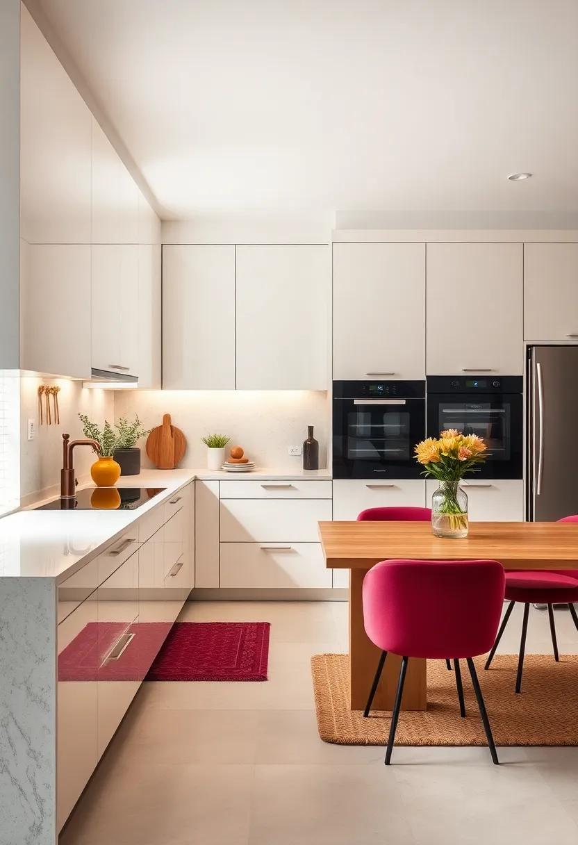 In this Luxurious ‌minimal kitchen, handleless cabinets in high-gloss ivory reflect ⁤light beautifully, creating an inviting ⁢atmosphere that is both ‌sleek ​and ⁤stylish