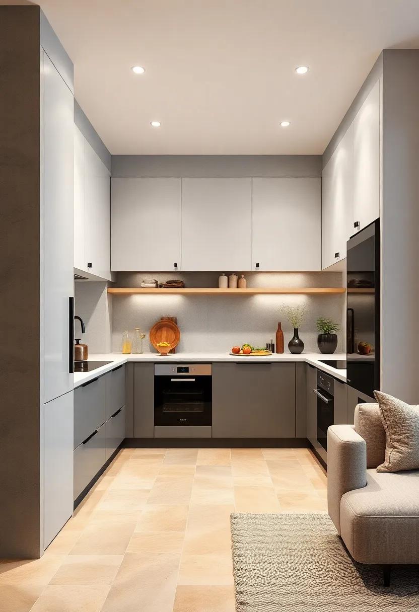 This compact kitchen maximizes functionality with cleverly designed handleless cabinets that offer storage solutions without compromising ⁤style