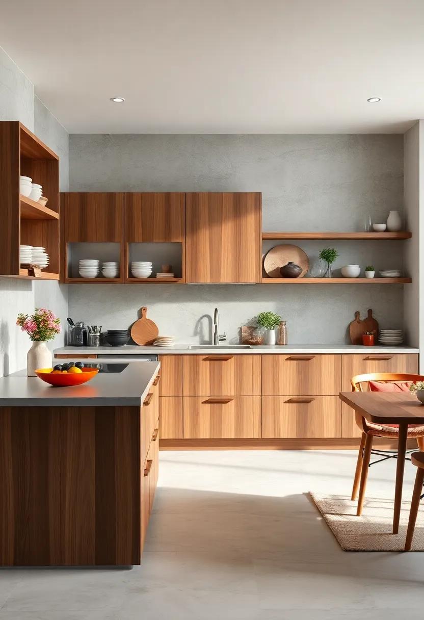 This chic kitchen showcases⁢ handleless cabinets in a warm walnut finish, paired with open shelving⁣ for an airy feel that balances style ⁣and practicality