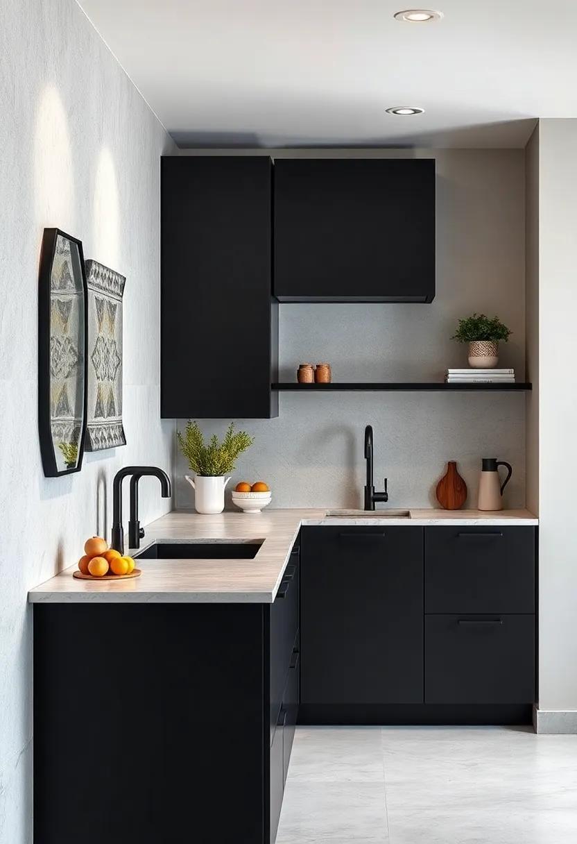this ‍small ‌yet striking kitchen features a monochromatic palette with matte black handleless cabinets, proving that minimalism can be both stylish and functional