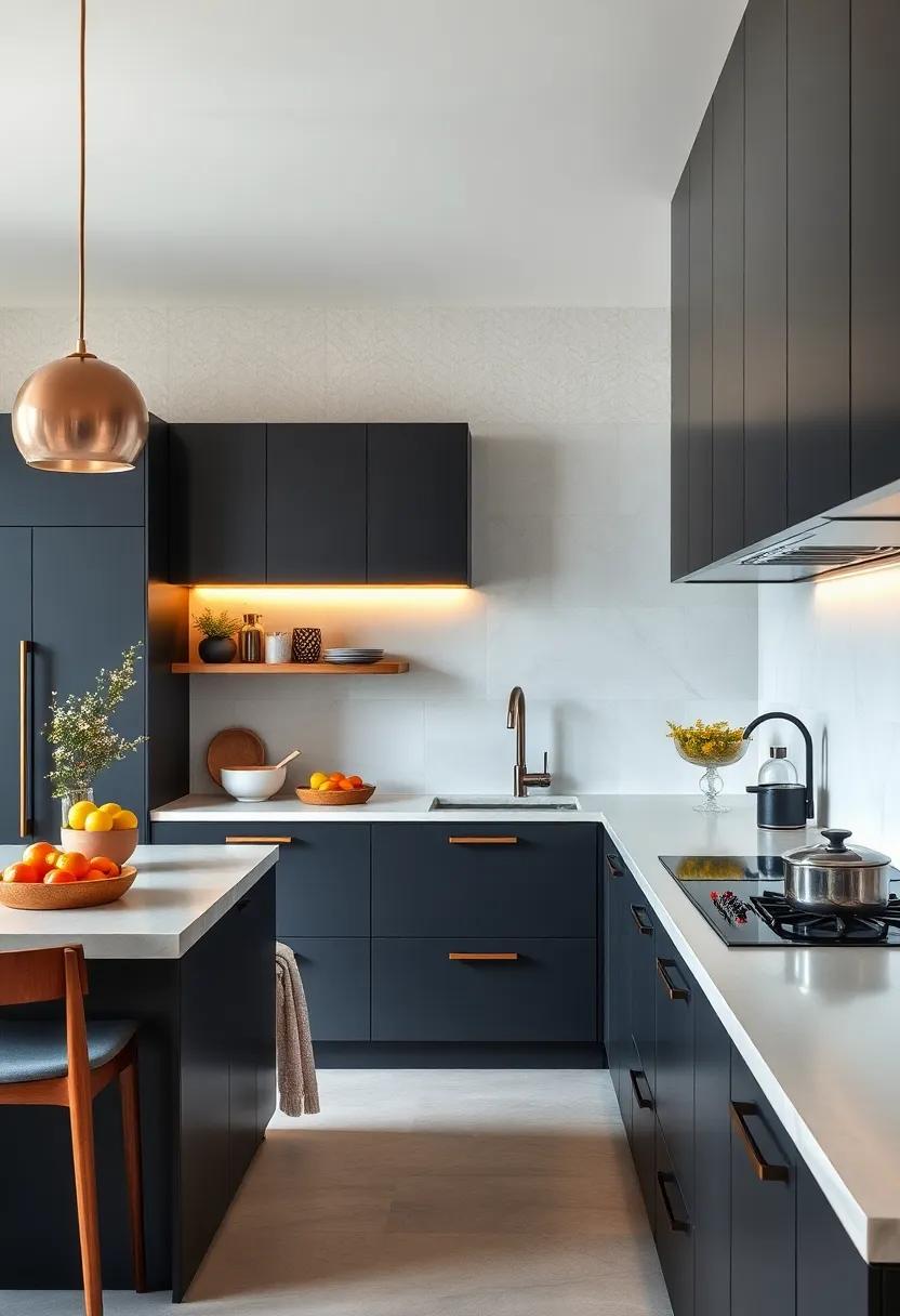 A true testament⁢ to minimalism, ⁢this kitchen uses handleless cabinets in a deep charcoal shade, creating a stunning backdrop for vibrant culinary creations