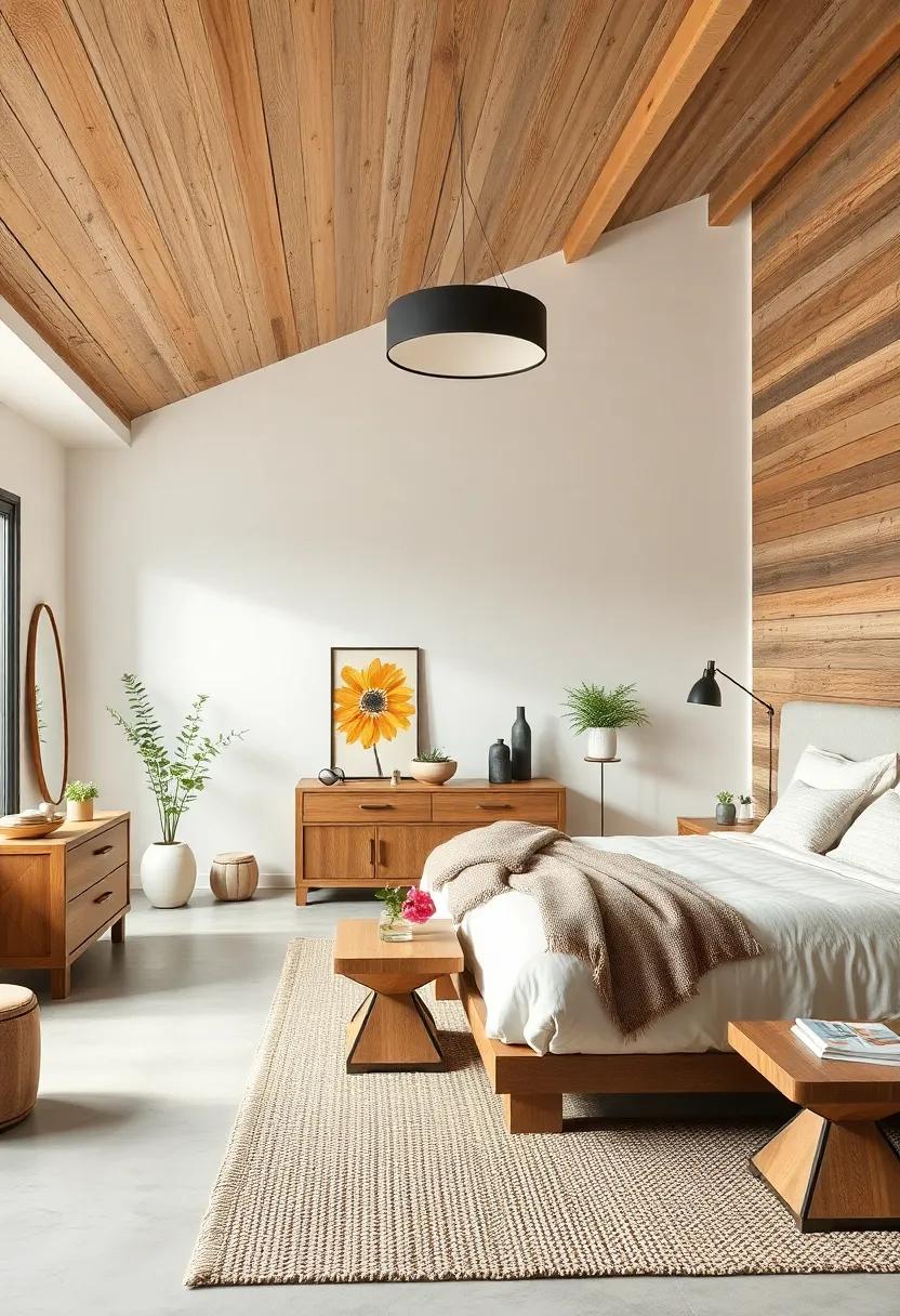 Unwind in a ⁢minimalist space that⁣ highlights ‍the beauty of reclaimed wood ⁢and ⁤features a statement ‍light fixture adding a pop of modern ⁣flair