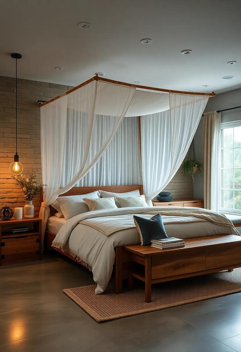 Step​ into a dreamy escape with a canopy bed draped‌ in⁤ sheer curtains, surrounded by ⁢nature-inspired‍ decor and a wooden nightstand⁤ filled ⁢with mementos