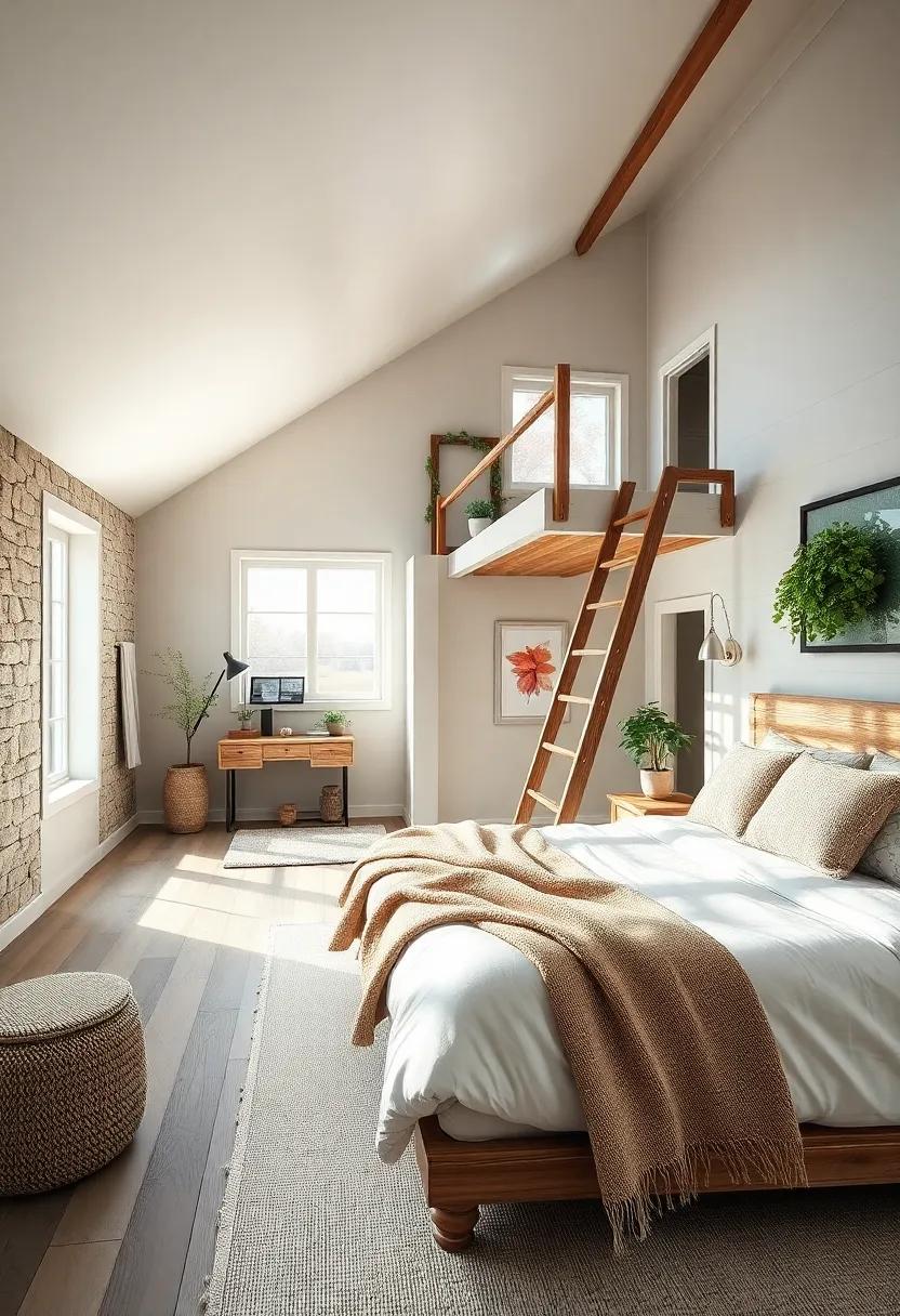 Experience ‍the inviting ⁢charm​ of‌ a loft-style bedroom complete with ​a rustic ⁤ladder⁣ leading up to a ​cozy reading nook, skillfully blending⁣ function and style
