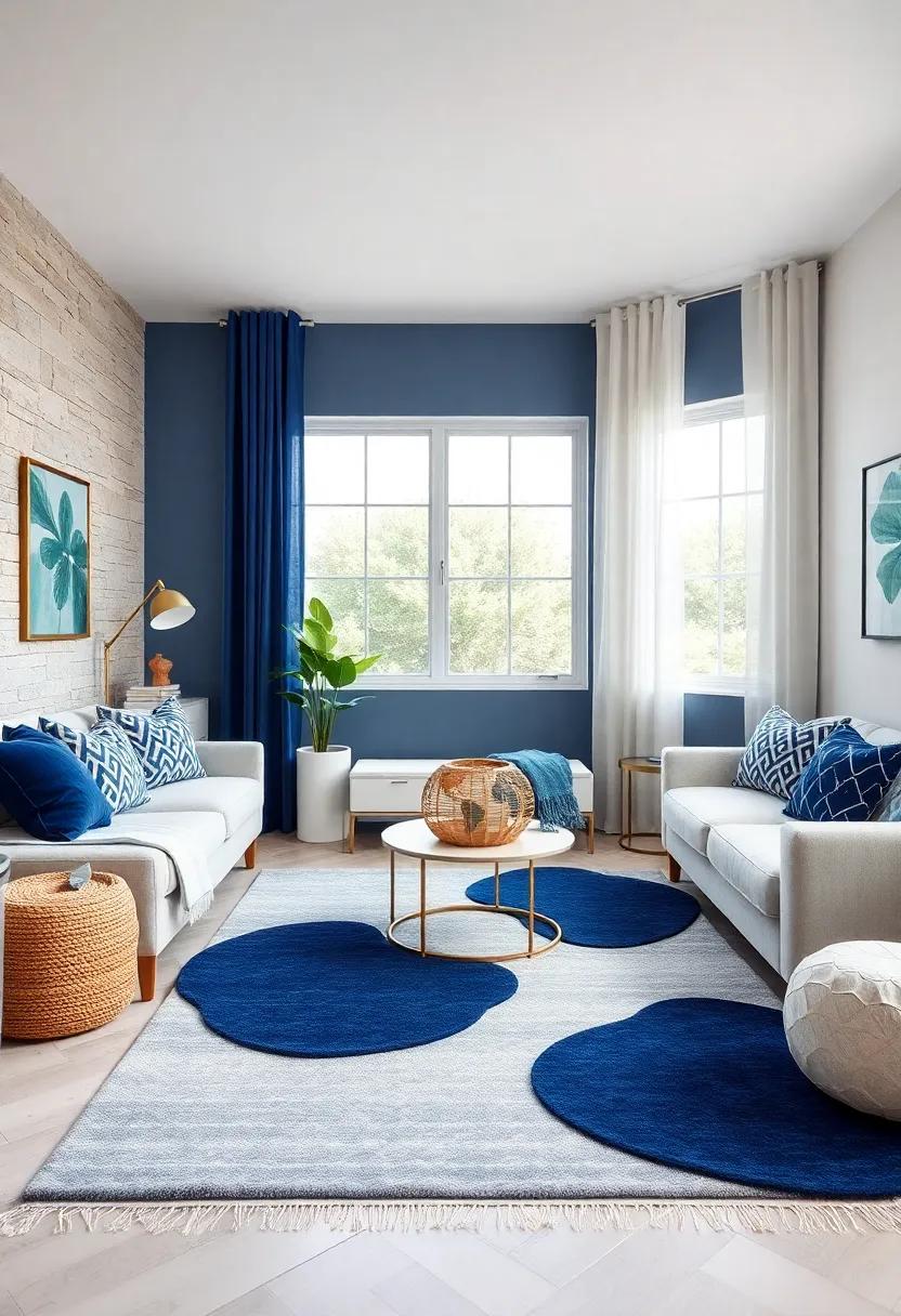 Incorporate Navy Rugs with Fun Shapes to Anchor the Different Areas