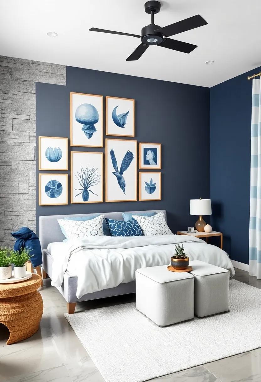 Incorporate a Gallery wall Featuring Navy and‍ White Artwork for a Personalized Touch