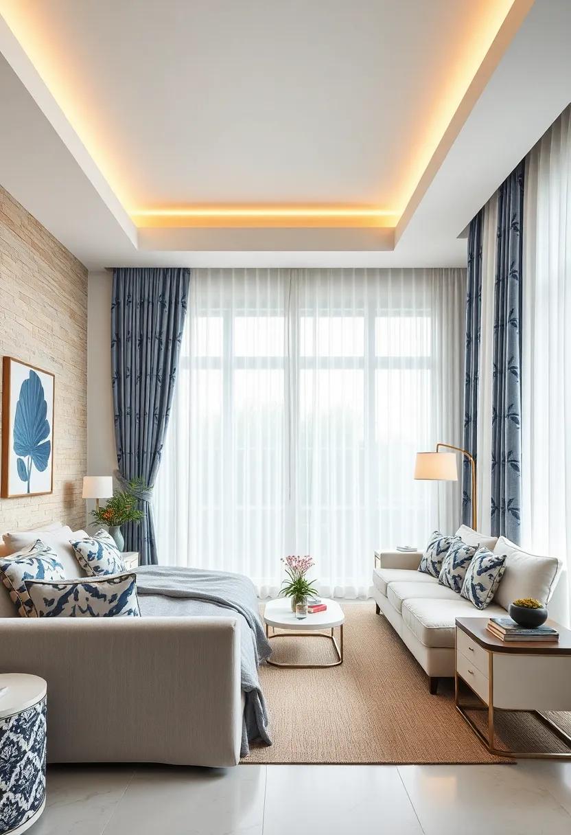 Use Custom Curtains that Flow from Floor to Ceiling in a Navy Pattern