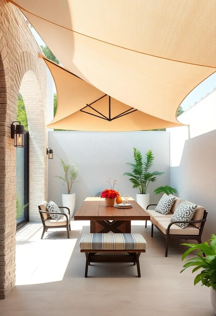 Shadow Play:‍ Use a large parasol or shade sail to ⁢block harsh sunlight while ⁢creating intriguing patterns of light and shadow for your dining space