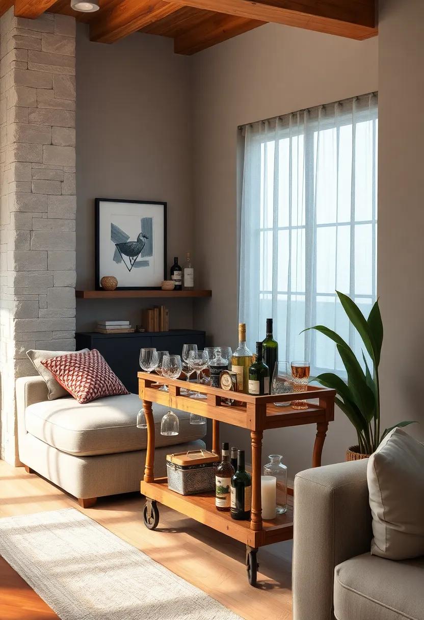 Embrace a rustic wooden‌ bar cart to showcase ⁤your‌ favorite spirits⁢ and glassware, adding warmth to your living space