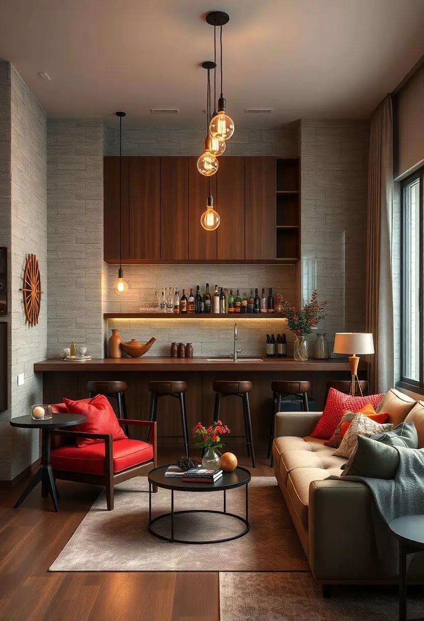 Introduce ambient lighting by suspending Edison bulbs above your bar area,creating a warm glow that enhances the wood accents