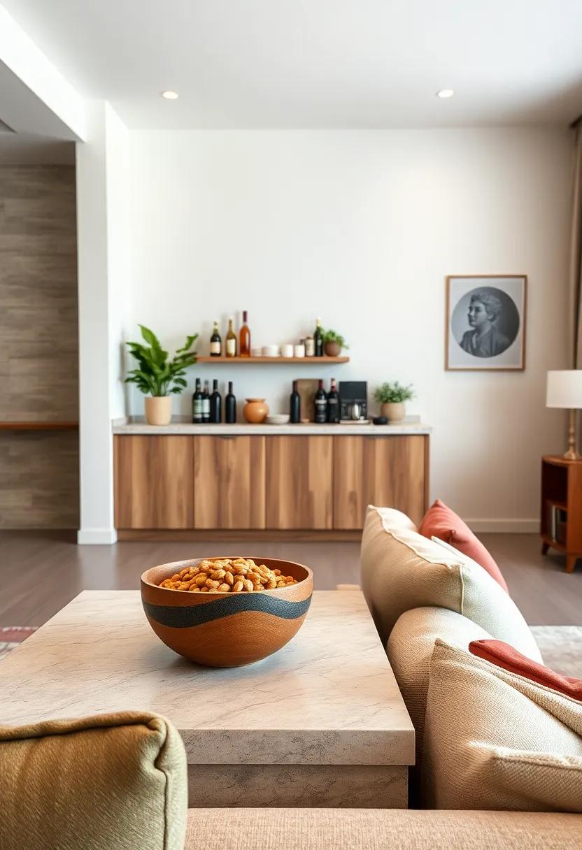 Use decorative wooden bowls for snacks⁢ or nuts, blending functionality with elegance at ​your living ⁣room bar