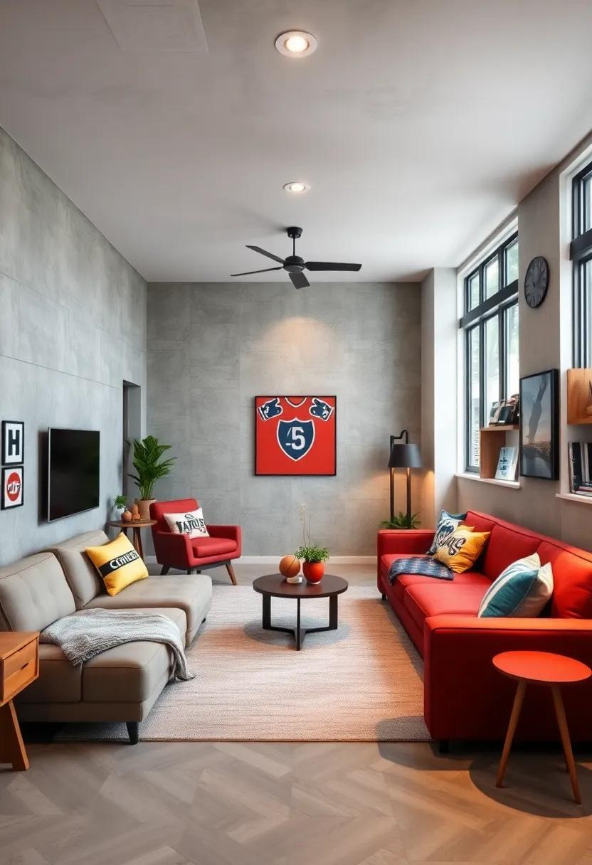 sports Living⁢ space: Decorate⁣ with elements from your favorite sports ‌team,using ‌colors and memorabilia that reflect your passion and interests
