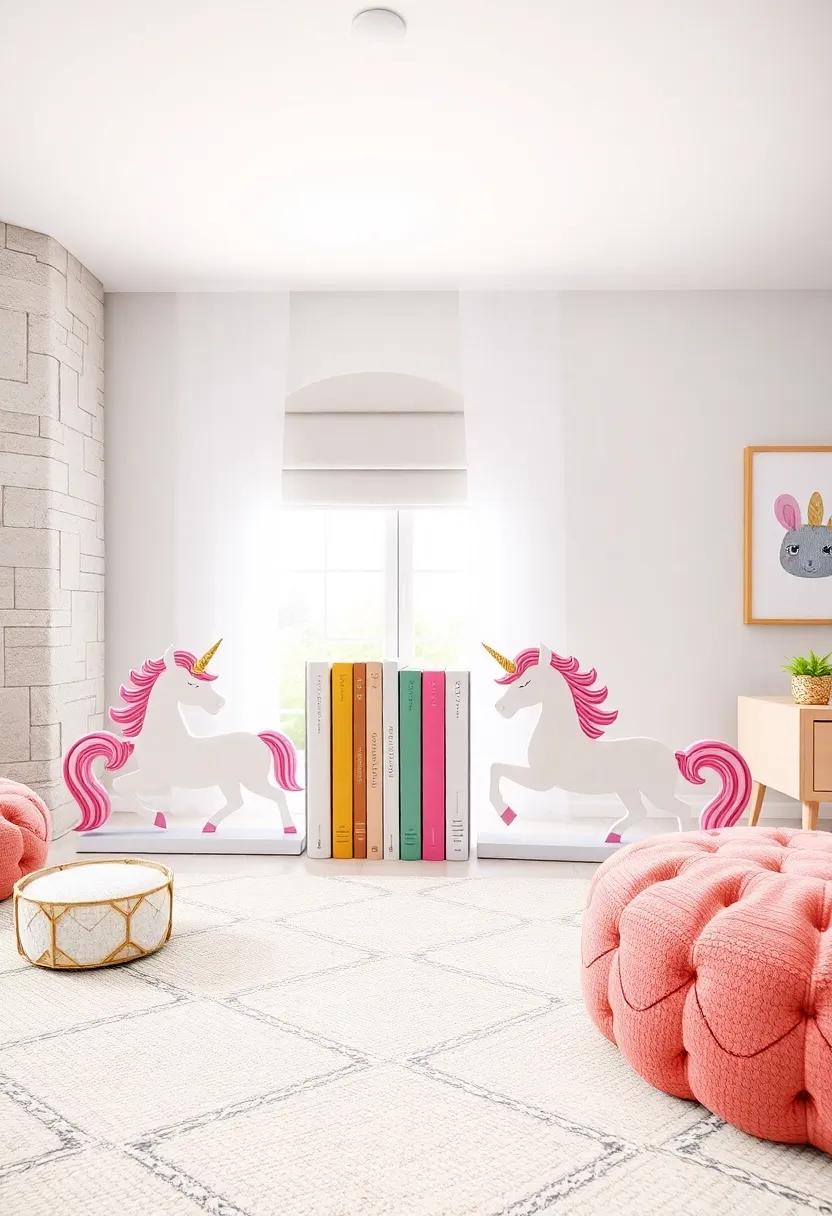 Charming Unicorn Bookends: Utilize bookends featuring unicorn ‌designs to store ‌your favorite storybooks, merging function with imaginative decor