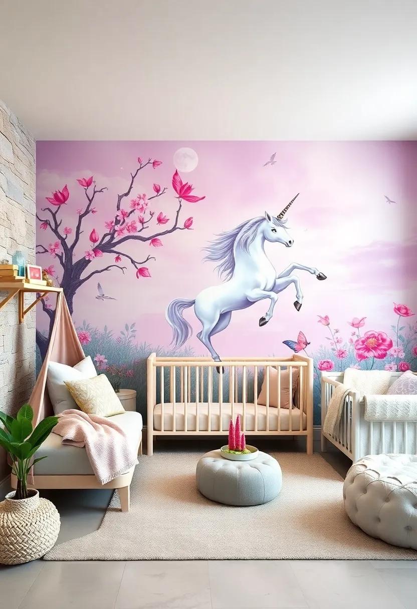 Magical Mural Masterpieces: Hire ‍a local artist to paint‌ a stunning mural of a mystical unicorn scene on one wall that serves‍ as the​ nursery's focal⁤ point and sparks creativity