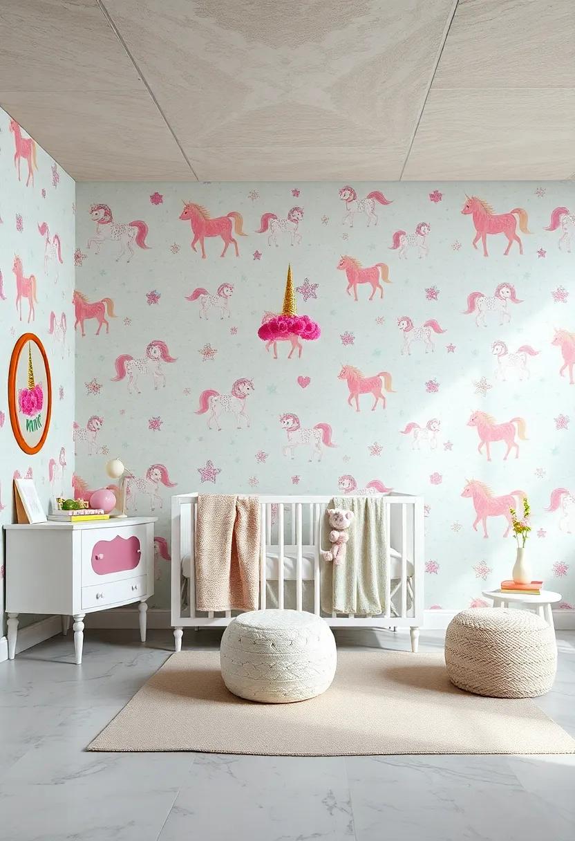 Whimsical Wallpaper Wonders: Transform​ your nursery with unicorn-themed wallpaper featuring⁣ vibrant ‍pastel colors‌ and enchanting patterns to create a magical atmosphere