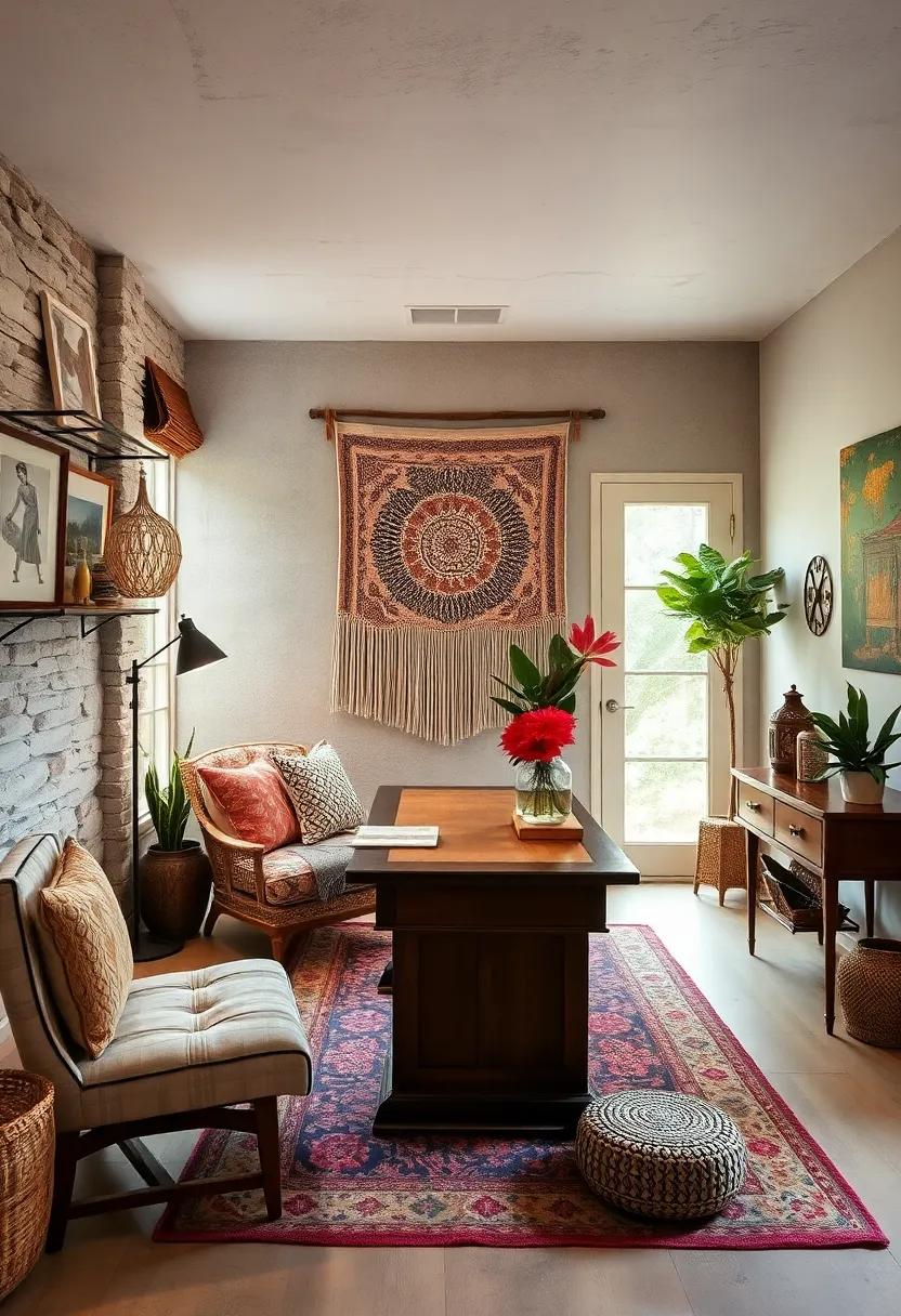 Bohemian Blend: Mix eclectic textiles and patterns, incorporating a tapestry or macramé wall hanging‌ alongside a rustic wooden desk for an artistic flair