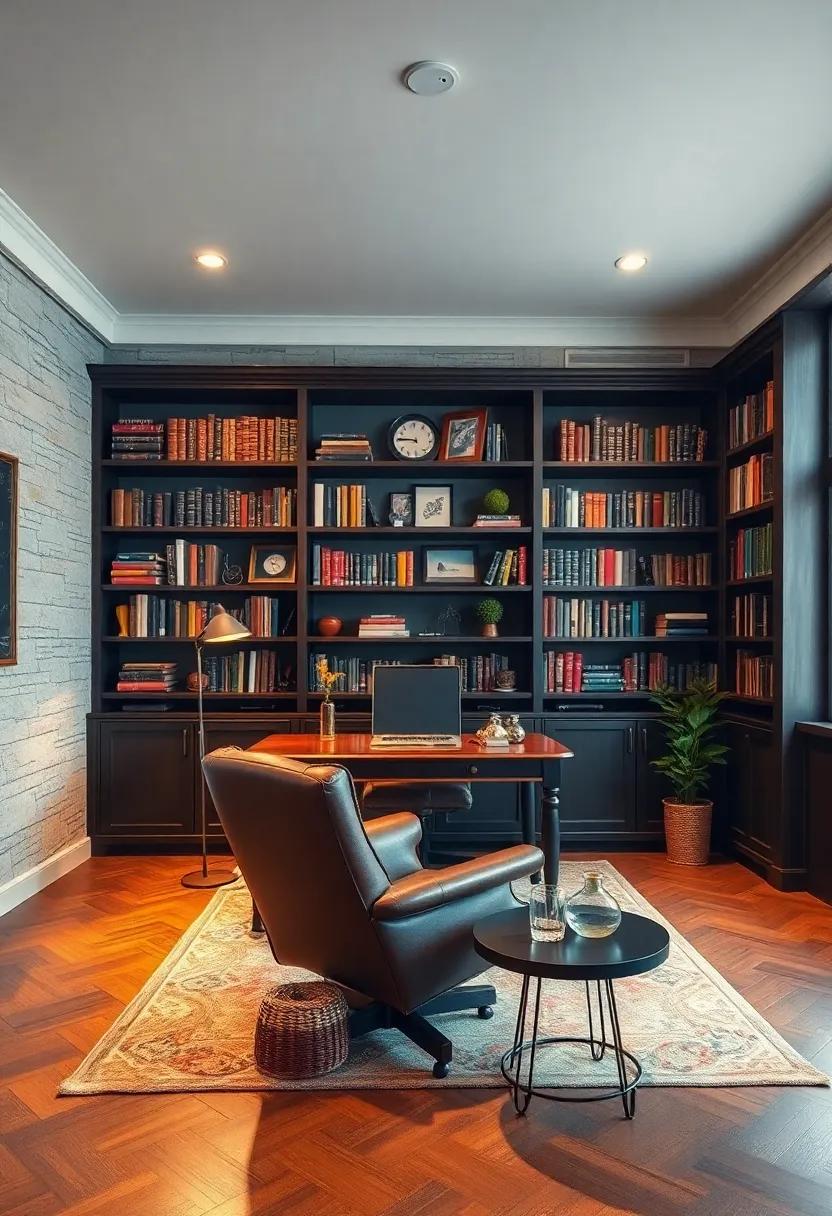 Vintage Library Style: Create an⁣ office that feels like a private library, featuring dark wood bookshelves, a ⁢classic leather armchair, and warm, ambient lighting