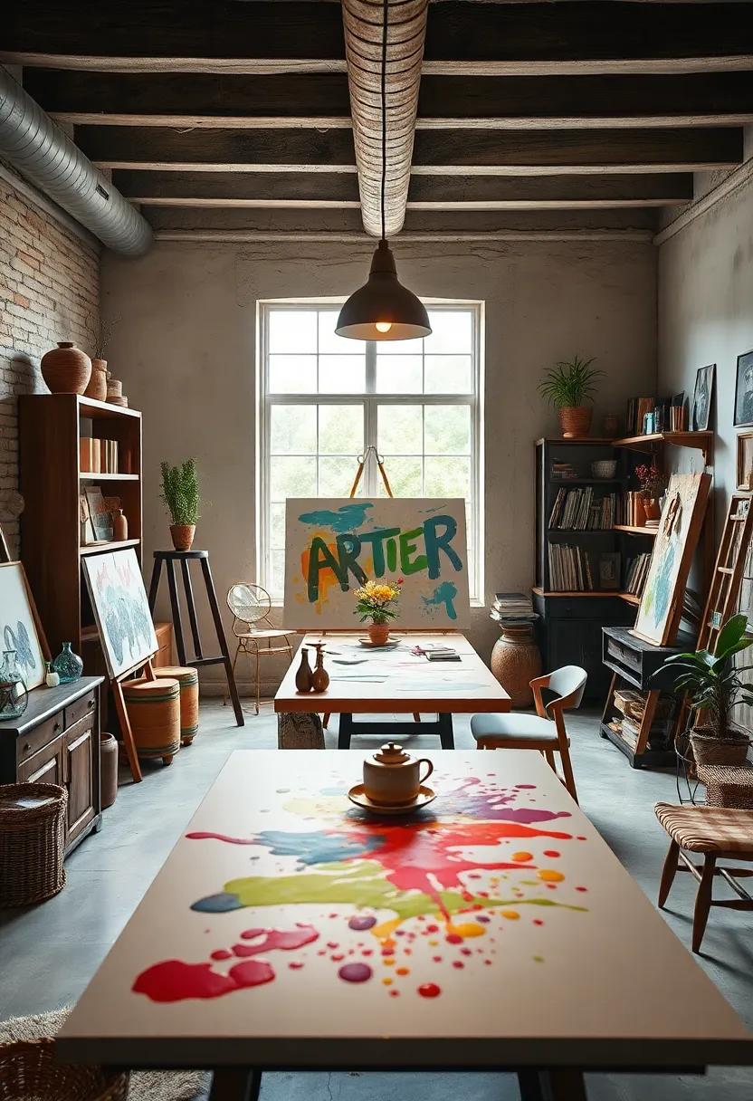 The Artist’s Retreat: Surround yourself with inspiration ⁣in a bright space filled with eclectic art supplies, easels, and⁣ a large work table topped with vibrant paint splatters