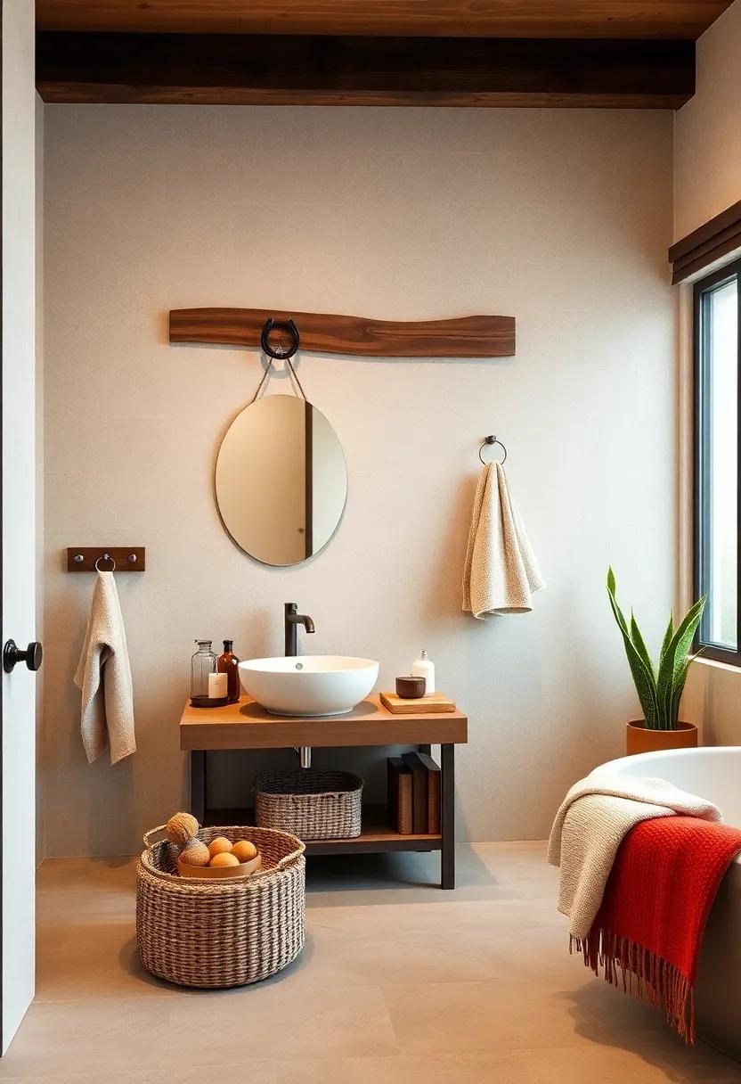 Horseshoe Wall Hooks: Install horseshoe hooks for towels or robes, merging⁤ function and rustic decor in ⁣a ‍playful nod to Western heritage