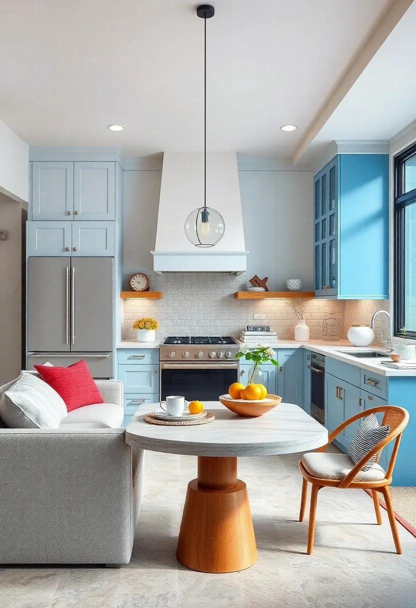 A⁢ Study⁣ in Contrast: Bright Accessories for Blue and White Cabinets