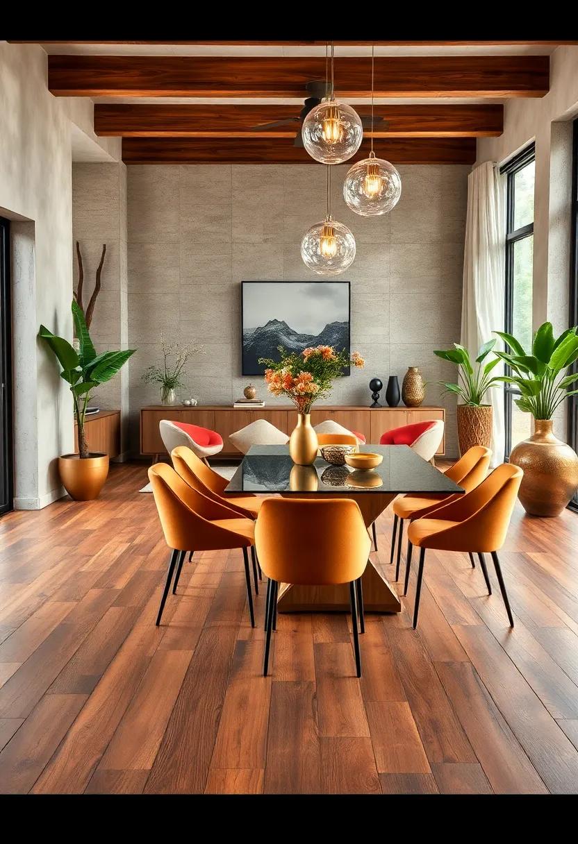 Wood and Glass Combo: Pair wooden flooring‌ with glass dining tables for ‌a ‍modern twist that balances ​warmth with sleek ⁣design