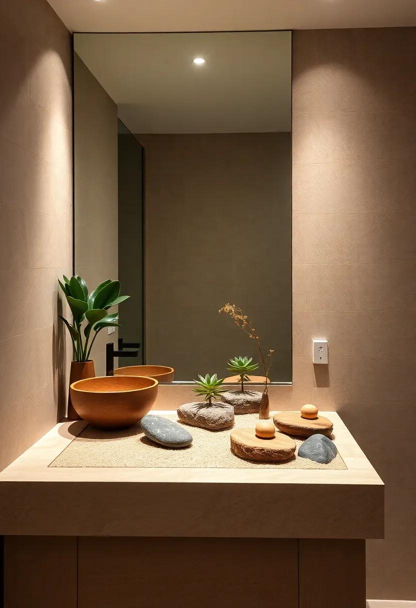 Zen Garden: Create⁣ a mini Zen garden on the bathroom countertop, featuring sand, stones,‍ or ⁢small succulents for a tranquil​ touch