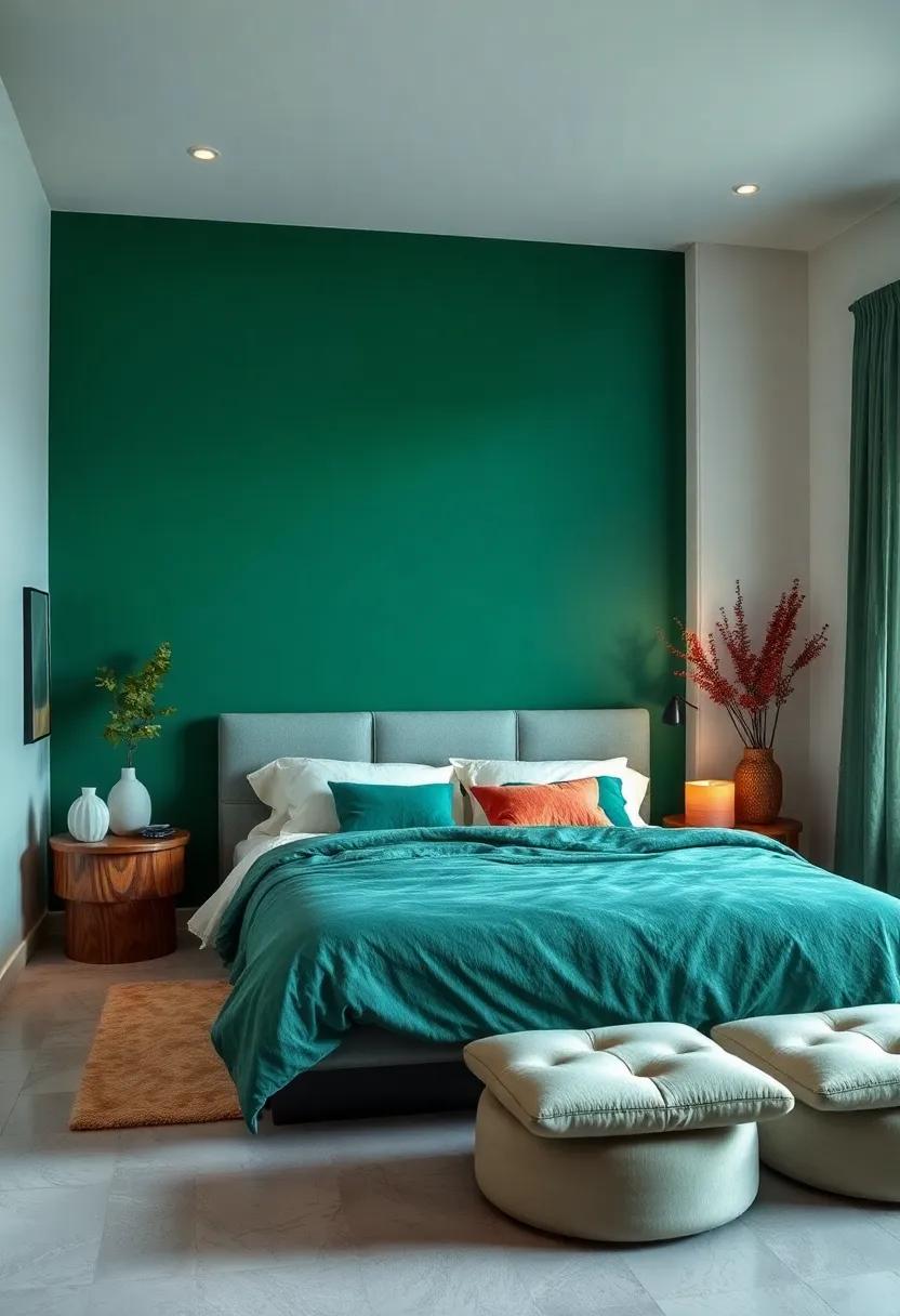 Jewel Green: An emerald jewel tone creates a strikingly elegant atmosphere without overwhelming the senses, adding a touch of luxury