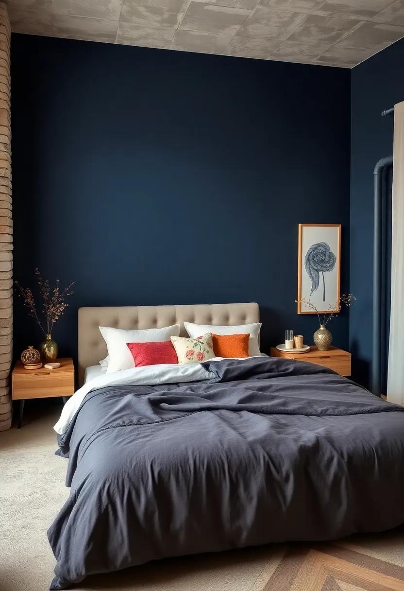 Deep Navy Blue: Transform your bedroom into a cozy sanctuary by painting the walls a rich navy blue, offering elegance and a hint of drama