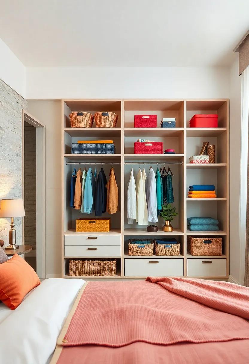 Colorful Displays: use vibrant baskets and stylish boxes on your open shelves to add pops of color,turning your wardrobe into a visual delight that reflects your personality