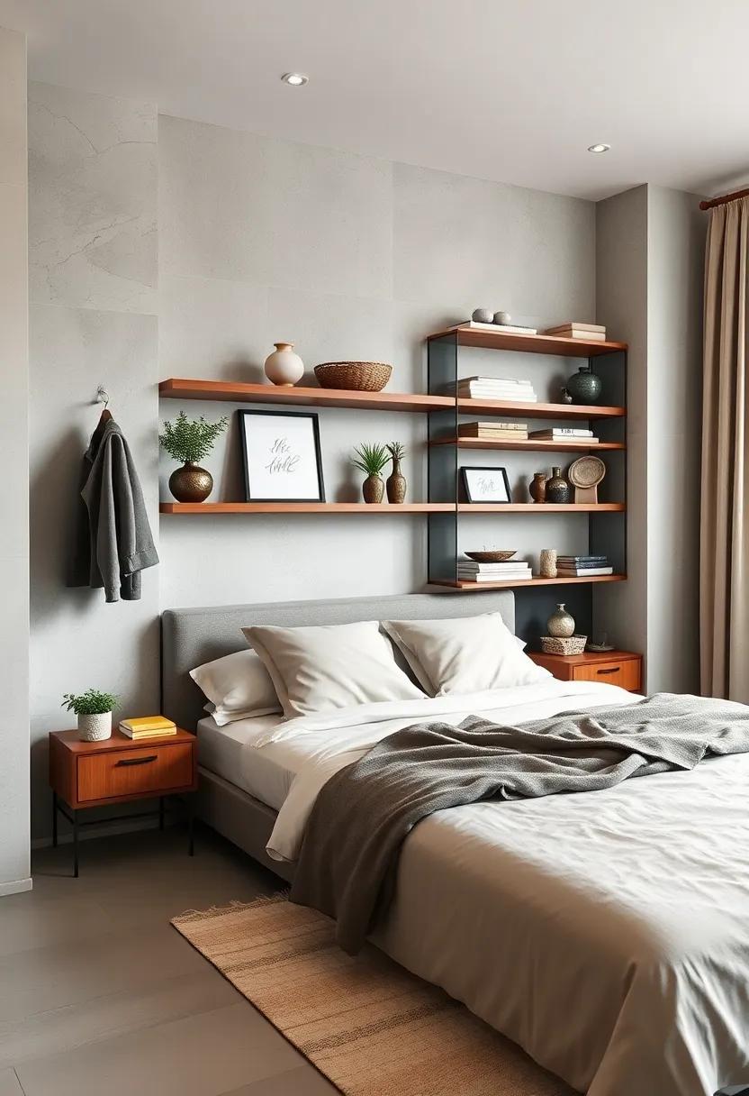 Embrace Minimalism: Transform your bedroom into a serene sanctuary with sleek open shelving that showcases carefully curated decor and essentials, promoting a peaceful vibe
