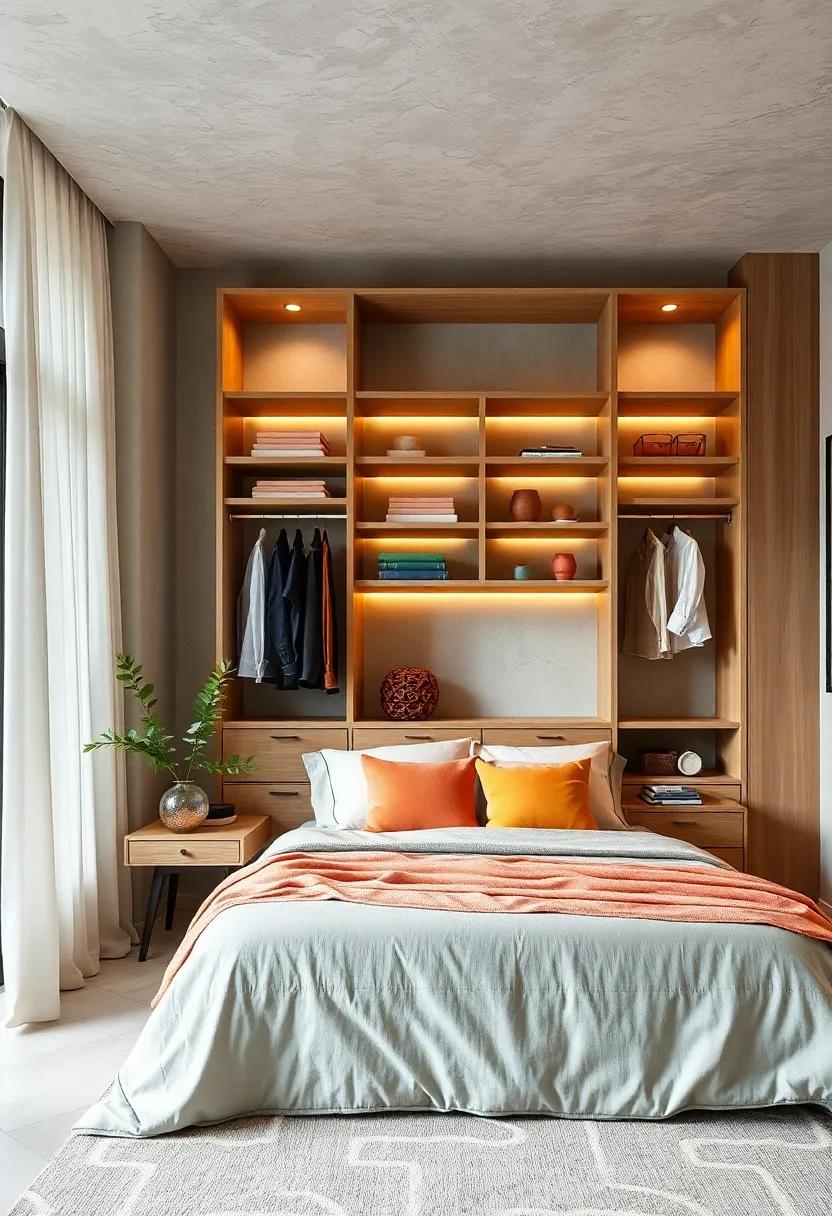 Floating Elegance: Utilize floating shelves for a modern touch, allowing your wardrobe to appear less bulky while maintaining accessibility and visual appeal