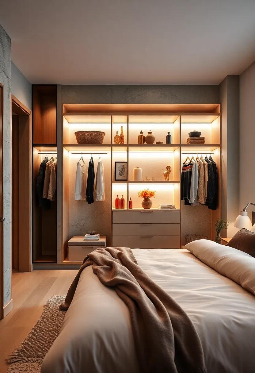 Layered Lighting: Combine ambient and task lighting on your shelves to create a beautifully lit wardrobe area that highlights your clothing and accessories