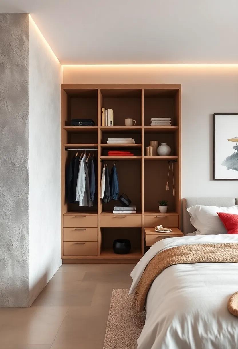Open Concept Harmony: Create a seamless flow between your bedroom and wardrobe by keeping both spaces cohesive, ensuring your open shelves complement the overall style and feel of the room
